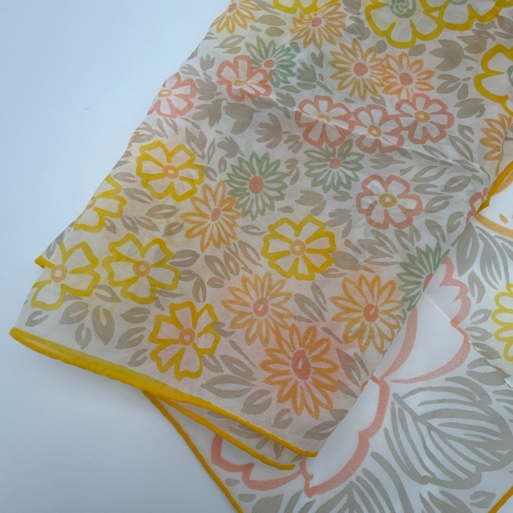 Vintage 60s Glentex Sheer Floral Scarf Hand Rolled Yellow Peach Sage Oblong Wrap - Picture 3 of 8